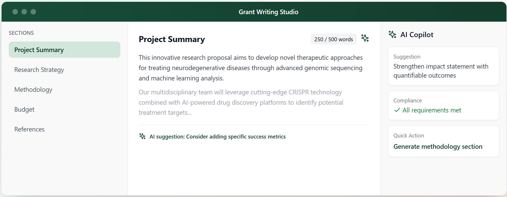 Grant Writing Studio Interface